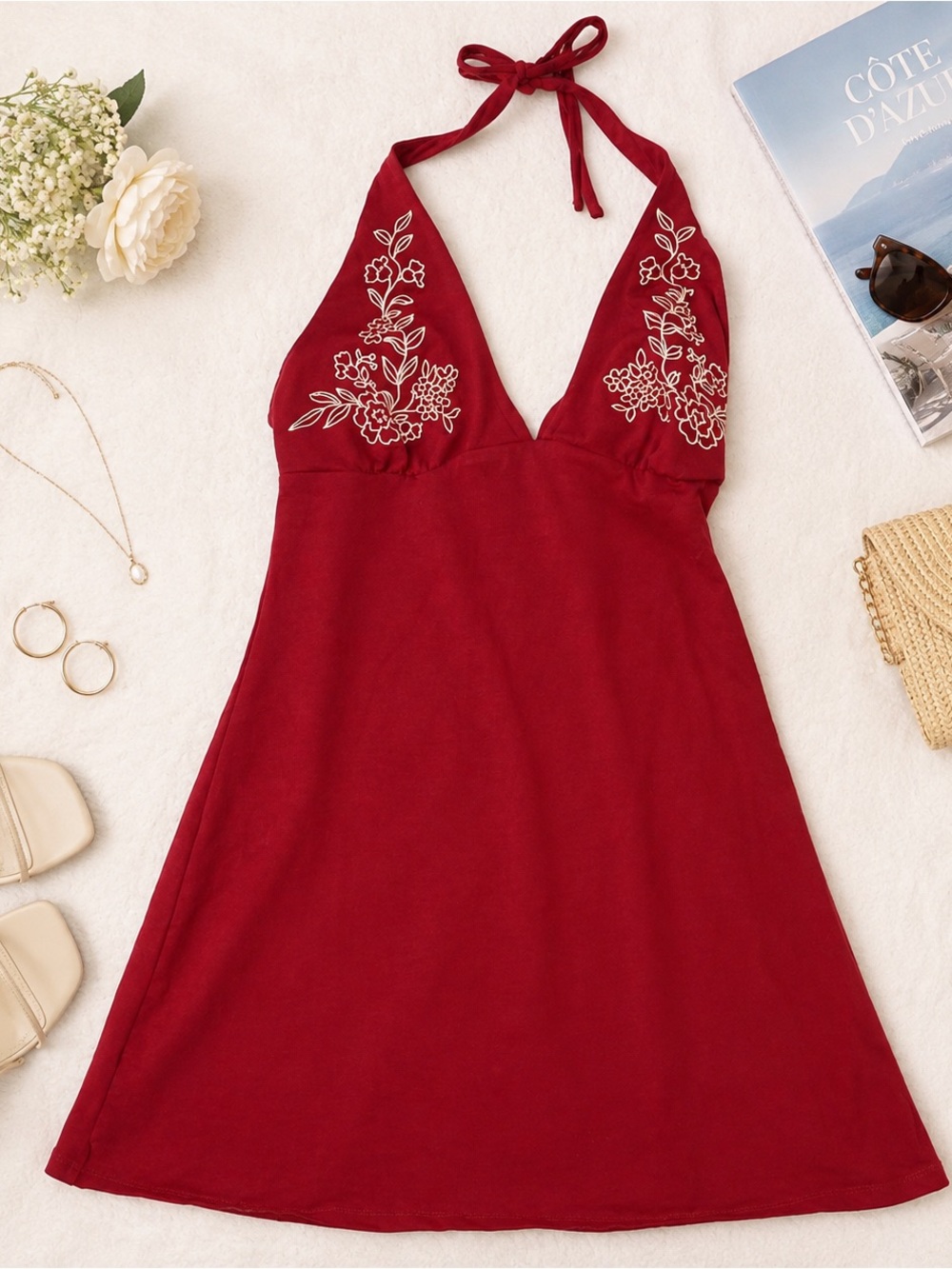 Wild Fable Red Halter Mini Dress Floral Embroidered Backless Small